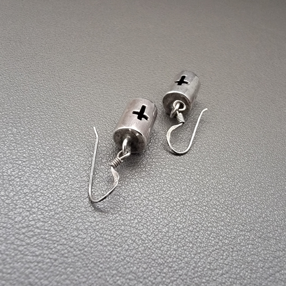 925 Sterling Silver Openwork Cross Drop Earrings | Oxidized Artisanal - Picture 2 of 6